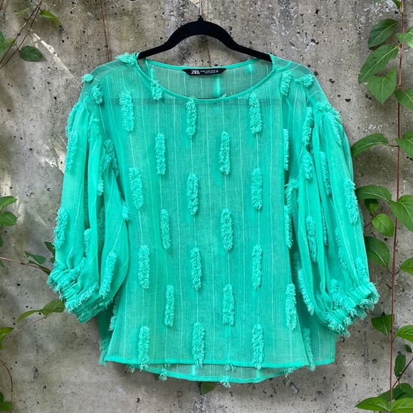 Zara Women’s Sea Foam Green Sheer Blouse / Top, Bishop Sleeves, XS - Picture 5 of 14